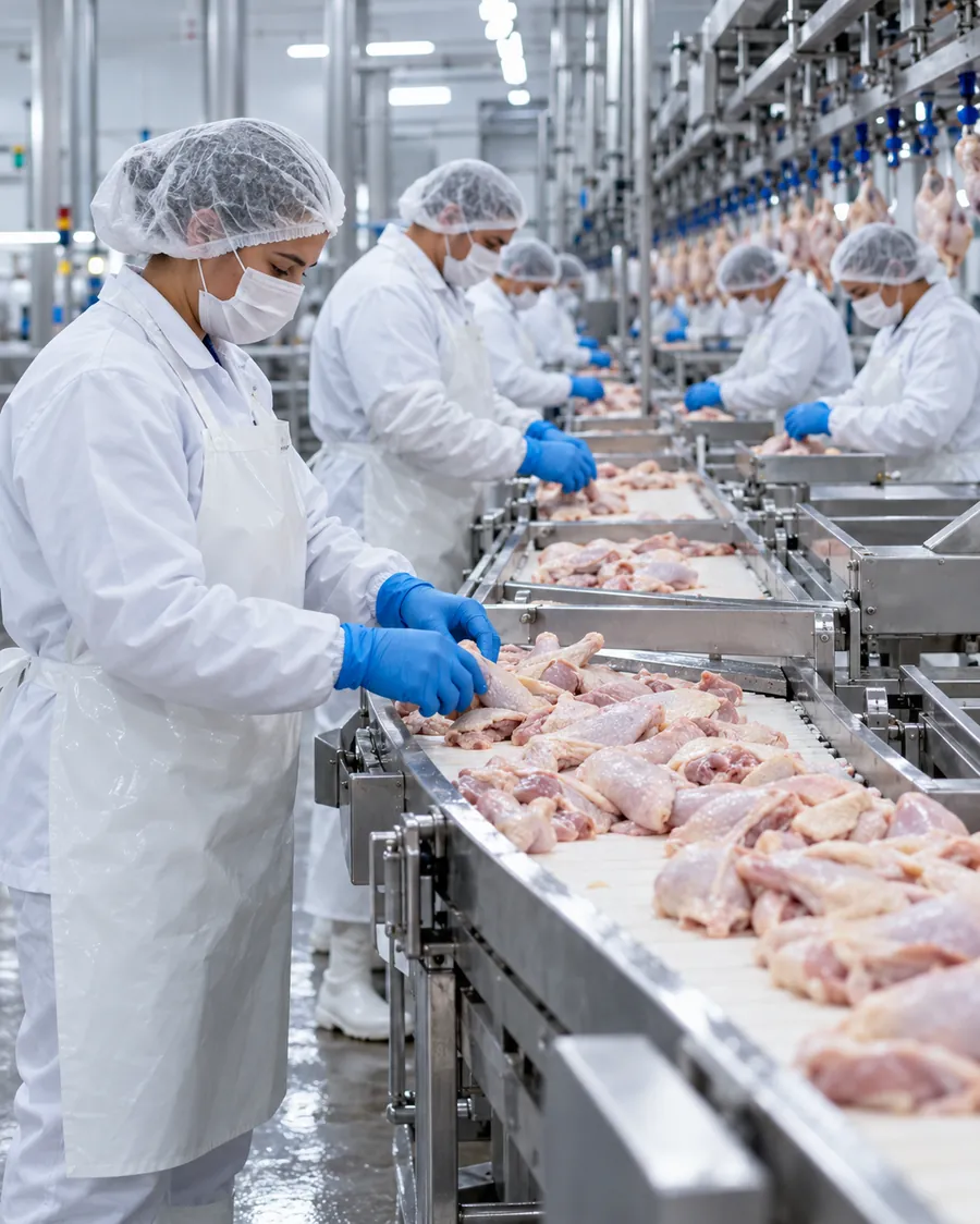 Linha de processamento de aves com operadores de EPI