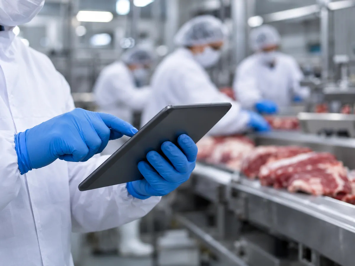 Mãos com luvas registrando o monitoramento em um tablet na linha de processamento