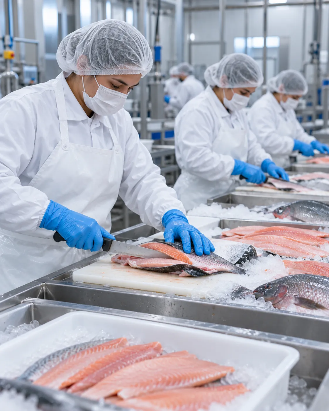 Indústria de pescados com operadores filetando peixes
